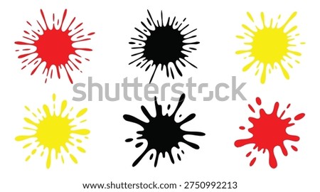Collection of vibrant ink splat icons in various shapes and colors like red yellow and black perfect for modern art banners graffiti posters or comic book backgrounds and creative textures