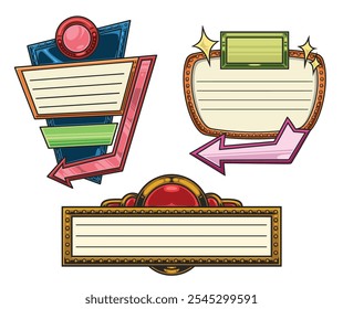 Uma coleção de etiquetas e emblemas vibrantes com diferentes formas e cores. Estes elementos gráficos podem melhorar vários projetos de design com sua estética lúdica.