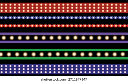 A collection of vibrant LED light strips in various colors, including red, blue, purple, green, and white, arranged horizontally on a dark background, creating a dynamic and illuminated display.