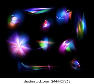 Collection of vibrant light flares on a dark background, featuring rainbow hues. Vector illustration of colorful, glowing effects for graphics and designs.