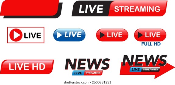 A collection of vibrant live streaming buttons in red and blue, ideal for digital media and broadcasting designs