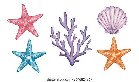 Coleção de vida marinha vibrante, incluindo coral de estrelas-do-mar e concha para as decorações temáticas do oceano