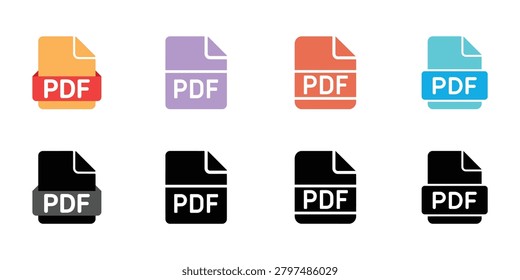A collection of vibrant and monochrome PDF file icons in orange, purple, teal, gray, and black for digital and print design projects