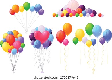 Colección de vibrantes globos multicolores con varios arreglos que incluyen racimos de serpentinas y una Grande forma de corazón central perfecta para transmitir felicidad de celebración y ocasiones festivas a través de numerosos proyectos de diseño.