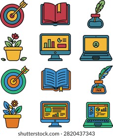 Collection of vibrant outline icons featuring target dart boards open books ink pens computer screens and laptops.