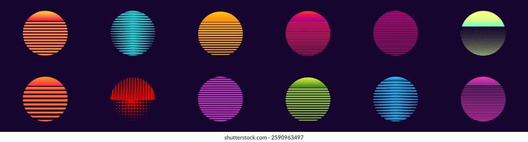 A collection of vibrant ovals each featuring unique striped patterns and glowing neon gradients, creating a stunning visual effect.