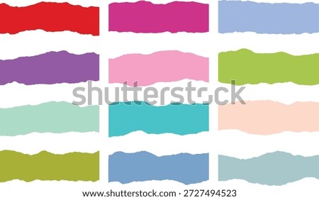 Collection of vibrant paper scraps featuring irregular jagged borders. Includes red pink blue purple and green horizontal paper strips for web design elements. Versatile decorative set for announcements social media headers and artistic scrapbooking projects with realistic textures.