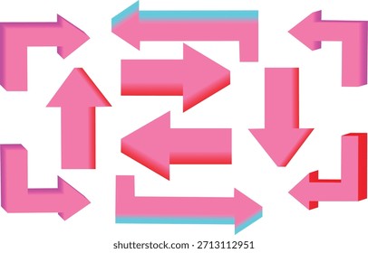 Colección de flechas 3D rosadas vibrantes que apuntan en varias direcciones para conceptos de navegación y dirección.