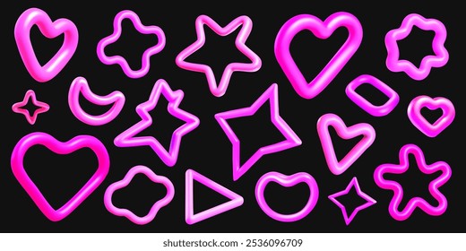 Collection of vibrant pink 3d vector shapes including hearts, stars, abstract flower and other decorative forms.