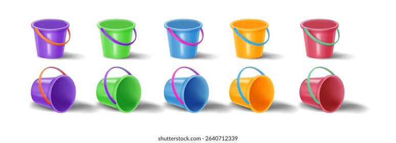 Collection of vibrant plastic buckets in various colors. Perfect for beach or sandbox play. Features shadows and realistic details on a white background.