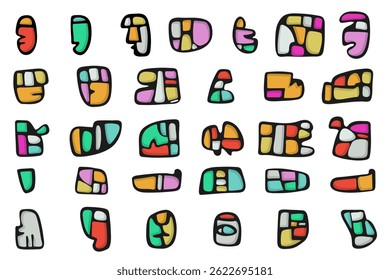 Collection of vibrant and playful abstract stickers featuring a variety of shapes, symbols, and patterns, adding a touch of modern and artistic flair to any design project