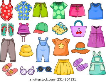 A collection of vibrant and playful illustrations depicting various clothing items suitable for summertime. 