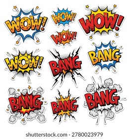 A collection of vibrant pop art comic book style speech bubbles featuring explosive text effects like WOW and BANG on a white background