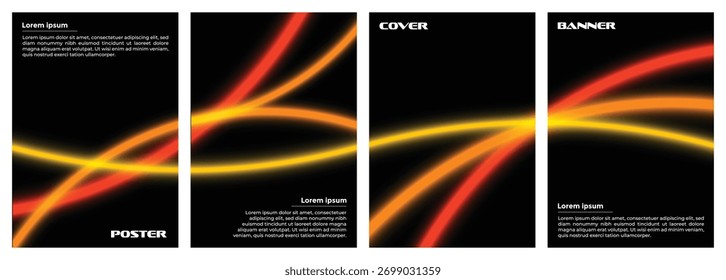 Collection of vibrant posters featuring curved, glowing light lines against a dark background, suitable for poster, cover, or banner layouts.