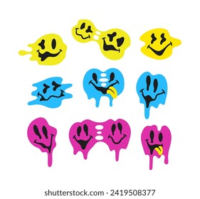 Collection Of Vibrant, Psychedelic Smiles With A Melting Or Dripping Effect. Trippy Face Emojis Isolated On A White