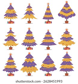 Collection of  vibrant purple and gold Christmas trees with ornaments and gifts, showcasing festive holiday cheer and decorative styles  can be used for printed materials-posters, greeting cards.