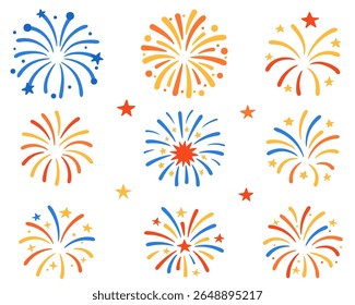 Colección de vibrantes fuegos artificiales rojos, azules y amarillos en estilo plano de dibujos animados. Iconos cuadrados aislados para la celebración y la decoración del partido. Ilustración vectorial de stock en estilo plano.