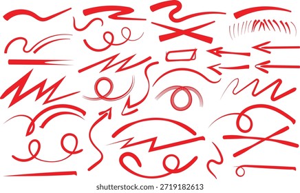 Colección de vibrantes flechas dibujadas a mano en rojo subraya garabatos y varias marcas de resaltado abstractas para enfatizar