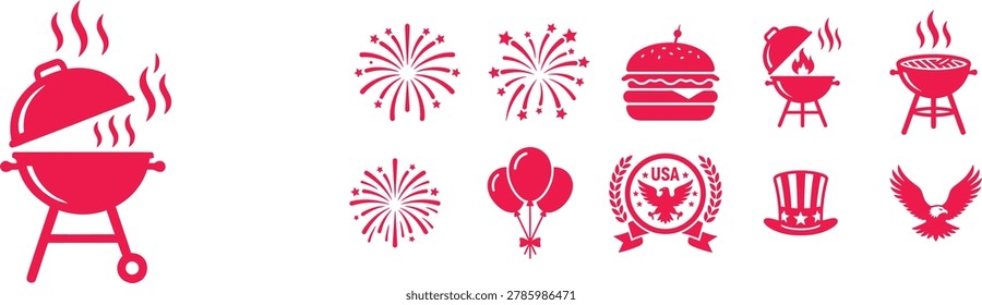 A collection of vibrant red icons representing Independence Day celebrations, including barbecues, fireworks, burgers, balloons, and patriotic American imagery.