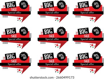 Una colección de vibrantes etiquetas de burbuja de discurso rojo con ofertas especiales y mensajes de gran venta para promociones.