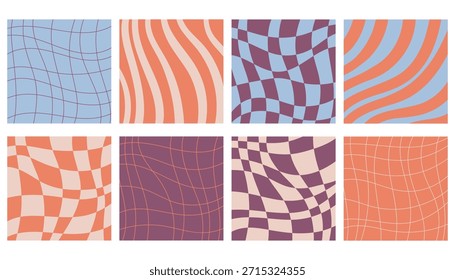 Coleção de cartazes quadrados retro vibrantes com ondas psicodélicas, listras e padrões de xadrez. Estilo trippy inspirado em Y2K misturado com design hippie clássico dos anos 60 e 70 para visuais criativos arrojados.