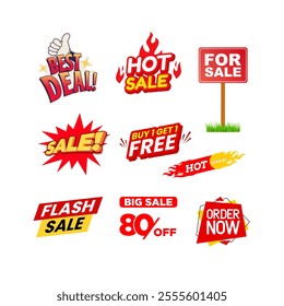 Collection of vibrant sale labels with tags like "Hot Sale," "Flash Sale," and "80% Off." Ideal for discounts, limited-time offers, and marketing campaigns.

