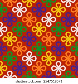 Collection of vibrant seamless linear patterns with clover shapes on a festive Christmas background. Playful designs for holiday fashion, textiles, home decor, and print