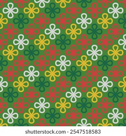 Collection of vibrant seamless linear patterns with clover shapes on a festive Christmas background. Playful designs for holiday fashion, textiles, home decor, and print