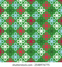 Collection of vibrant seamless linear patterns with clover shapes on a festive Christmas background. Playful designs for holiday fashion, textiles, home decor, and print