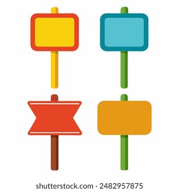 A collection of vibrant signs on poles against a white backdrop