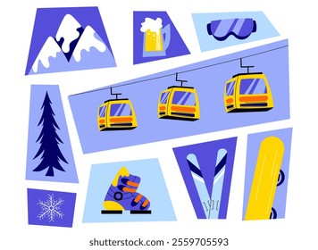 Collection of vibrant ski-themed illustrations featuring snow-covered mountains, ski lifts, gear, goggles, and winter elements. Perfect for stickers, travel designs, and winter sports projects