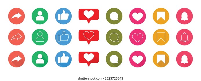 Collection of vibrant social media icons, including share, thumb up, user, like, heart, comment, bookmark and notification bell.