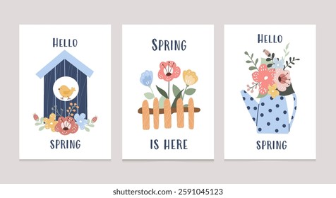 Collection of vibrant spring cards designed to celebrate the season. Each card features delightful floral illustrations with charming birdhouse, a picket fence and flowers, a watering can filled with 