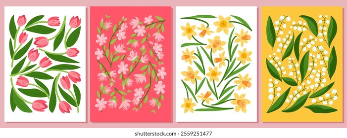 Collection of vibrant spring floral illustrations with tulips, cherry blossoms, daffodils, and lilies of the valley in retro 60s poster style. Vintage vector interior poster with season flowers