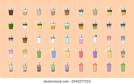 Collection of vibrant stickers featuring popular cafe drinks like coffee, tea, smoothies, and cold brews. Perfect for menus, apps, websites, and promotional materials