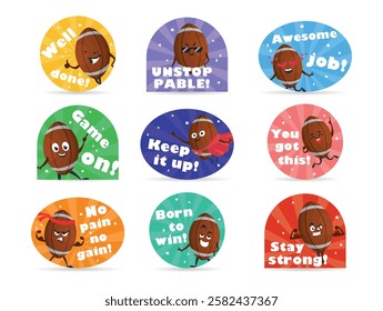 A collection of vibrant stickers showcasing football characters celebrating success with encouraging phrases. Perfect for motivating friends or adding fun to sports applications.