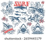A collection of vibrant tattoo designs features various shark illustrations skulls and tropical flowers. The artistry showcases lively surf culture highlighting adventure and marine themes.