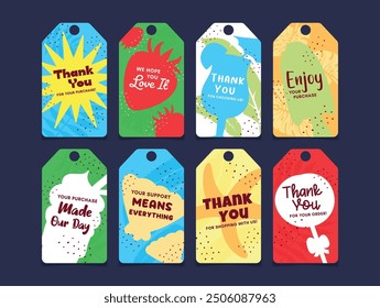 A collection of vibrant thank you tags with cheerful designs expressing gratitude for purchases, featuring phrases like Enjoy and Your support means everything.