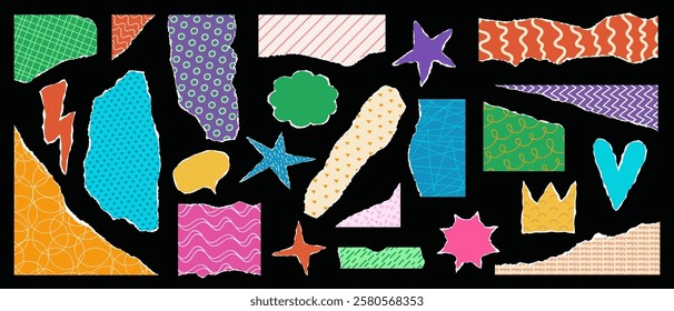 A collection of vibrant torn paper shapes with abstract patterns on a black background. The collage features stars, speech bubbles, and geometric designs in bold, playful colors