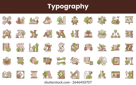 A collection of vibrant typography icons featuring nature-inspired elements, perfect for design projects. The palette combines earthy greens and browns.