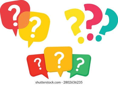 A collection of vibrant vector question marks and speech bubble icons isolated on a white background. These versatile graphics are ideal for FAQ sections, customer support interfaces, and educational materials.