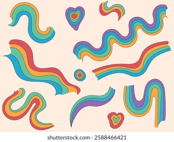 A collection of vibrant wavy rainbow shapes and psychedelic heart elements in a retro 70s style. These colorful, groovy lines are perfect for vintage designs, posters, stickers, social media graphics