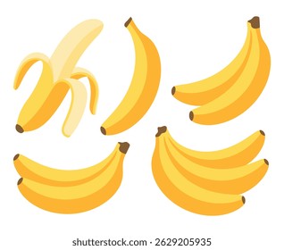 Coleção de bananas amarelas vibrantes em vários estágios, incluindo peladas e cachos inteiros, perfeito para conceitos de alimentos saudáveis.