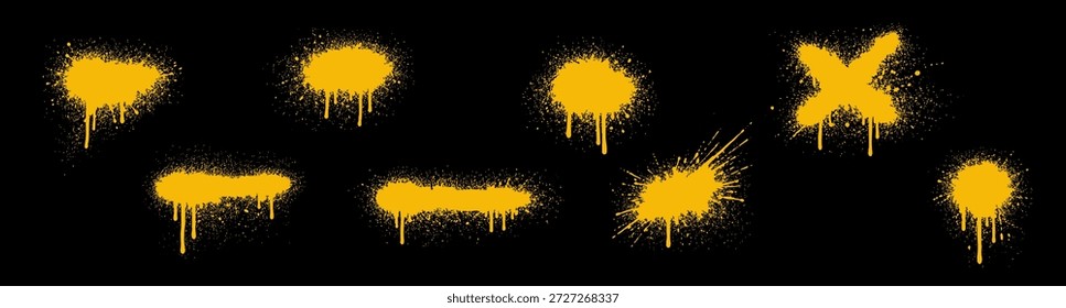 Collection of vibrant yellow spray paint splatters and drips on a black background, perfect for street art and grunge graphic design elements.