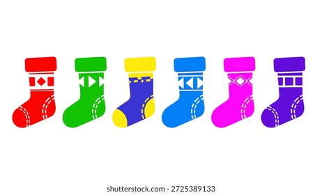 Se presenta una colección de ilustraciones de calcetines de colores vibrantes sobre un fondo blanco. Cada calcetín muestra patrones y colores únicos, ofreciendo un visual festivo y alegre. La composición sugiere posibles aplicaciones en diseño, materiales temáticos de vacaciones o proyectos creativos para diversos Fines comerciales.