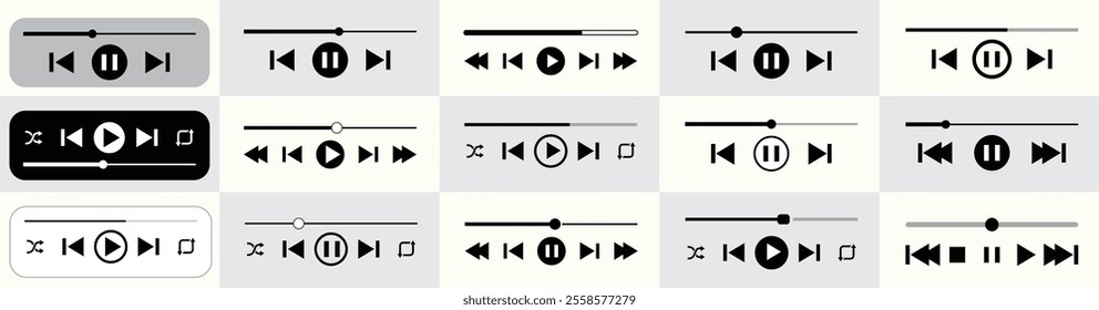 A collection of video and audio media player control icons, featuring play, pause, stop, rewind, and forward buttons in various styles for user interface design.