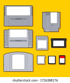 Collection of video game cartridges. Evolution of game cartridges. Entertainment media technology for gaming. Gamer childhood. Trendy cute cartoon vector Illustration. Flat style graphic design icon.