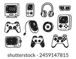A collection of video game controllers and accessories. The controllers include a Wii remote, a Nintendo GameCube controller, and a Nintendo Wii Nunchuk. The accessories include a headset, a mouse