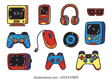 A collection of video game controllers and accessories. The controllers include a Wii remote, a Nintendo GameCube controller, and a Nintendo Wii Nunchuk. The accessories include a headset, a mouse