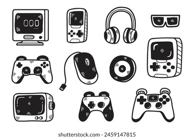 A collection of video game controllers and accessories. The controllers include a Wii remote, a Nintendo GameCube controller, and a Nintendo Wii Nunchuk. The accessories include a headset, a mouse